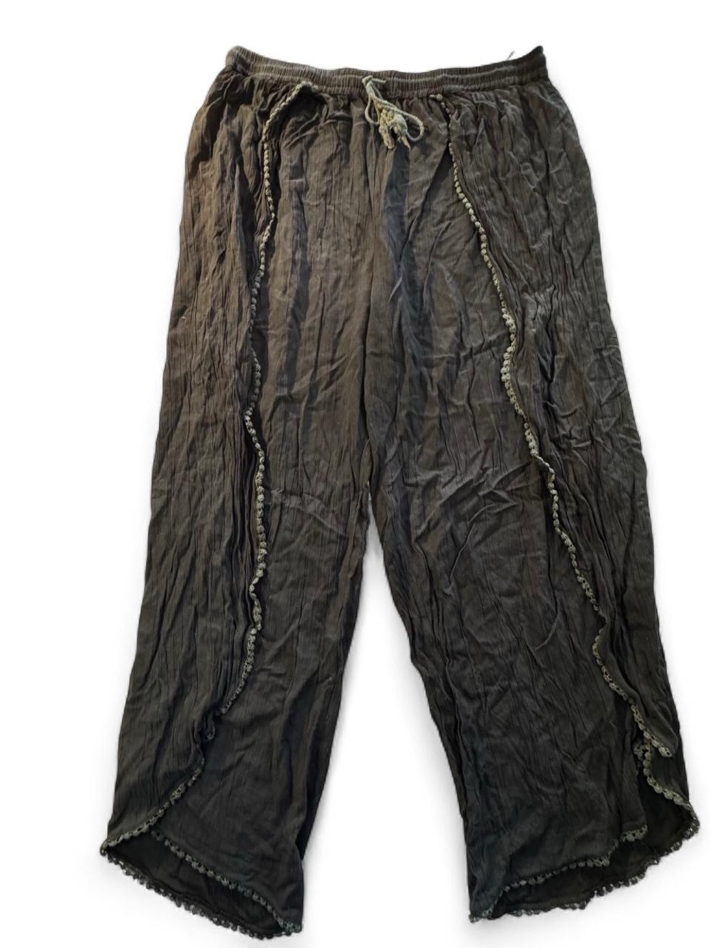 Lola P. Women's Black Wide Leg Culotte Pants Large Rayon Drawstring Pom-Pom Boho